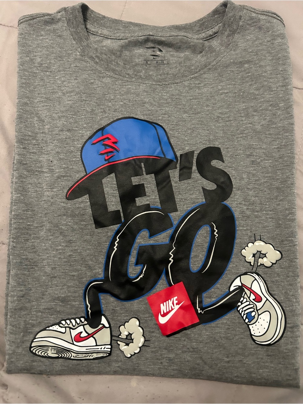 New Nike Kids Grey Graphic Tee with Blue Hat and Red Accents